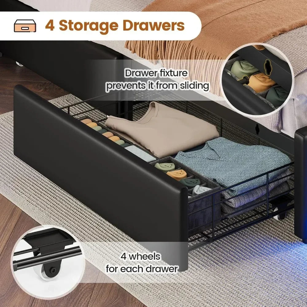 Twin Bed Frames with Headboard & 4 Drawers, LED Bed Frame Twin with Charging Station, Upholstered and Metal Twin Bed with Storage