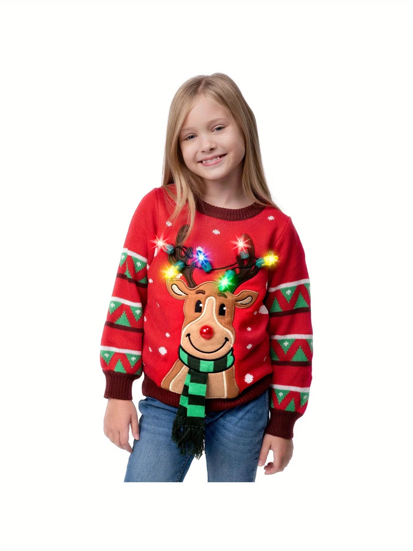 Kid's Christmas Ugly Sweater LED Light Up Reindeer Xmas Sweater Built-in Light Bulbs for Boys Girls (Red, Medium)