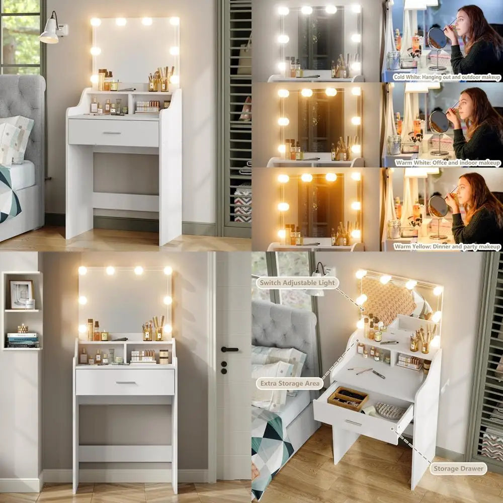Illuminated Makeup Vanity Table with 23.6" Mirror, Storage, 3 Adjustable Light Modes