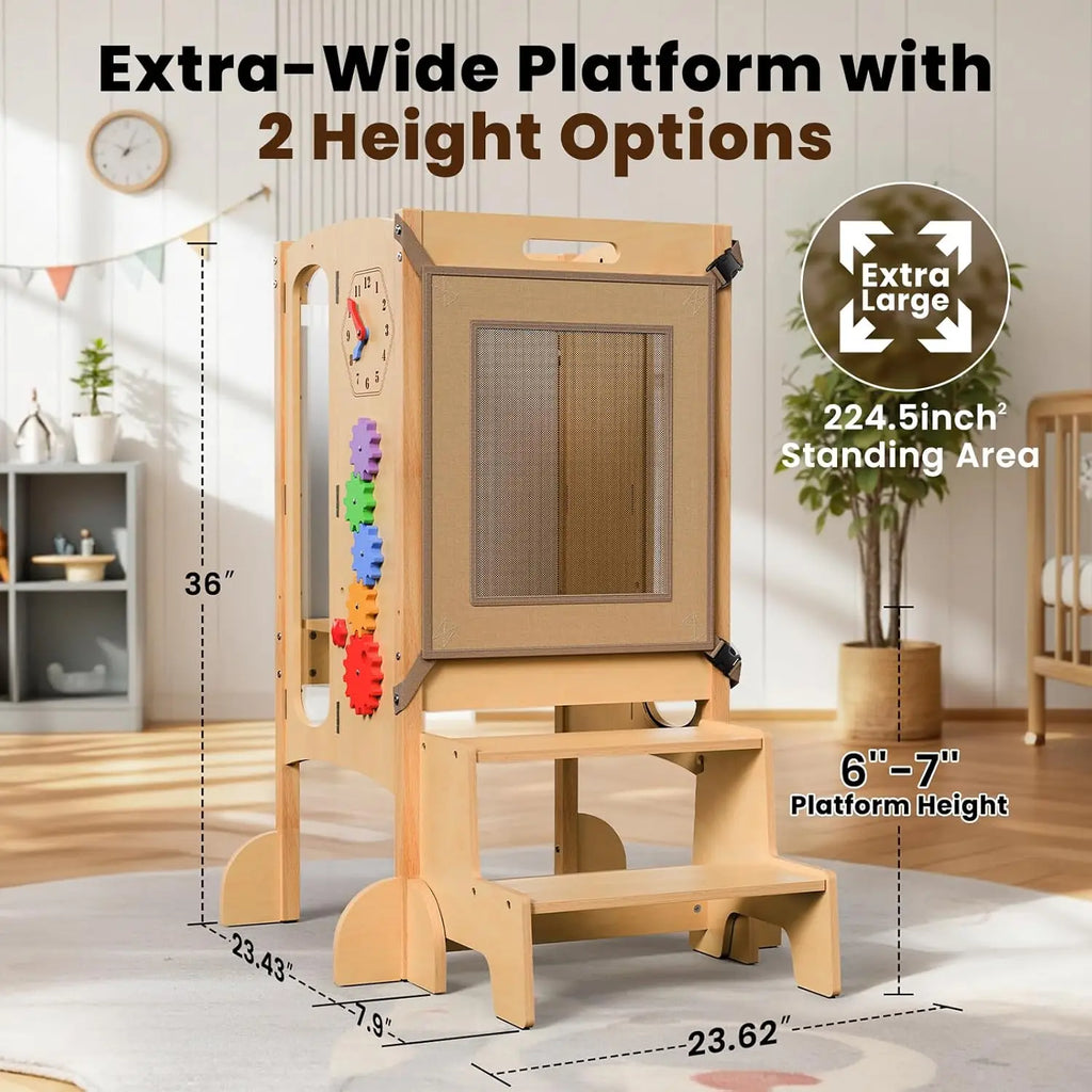 Toddler Tower/Foldable Toddler Kitchen Stool Helper with 2 Step Stool, Safety Net, Adjustable Height, Chalk-Whiteboard