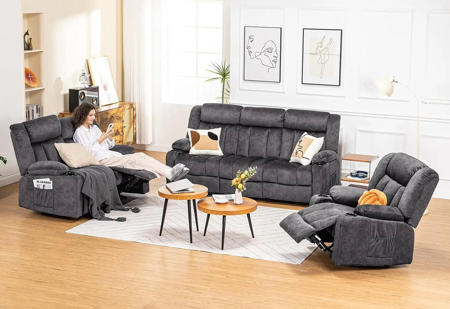 Manual Recliner Chair Set, Fabric Reclining Sofa Chair with Cup Holders, Upholstered Recliner with Side Pockets Suitable