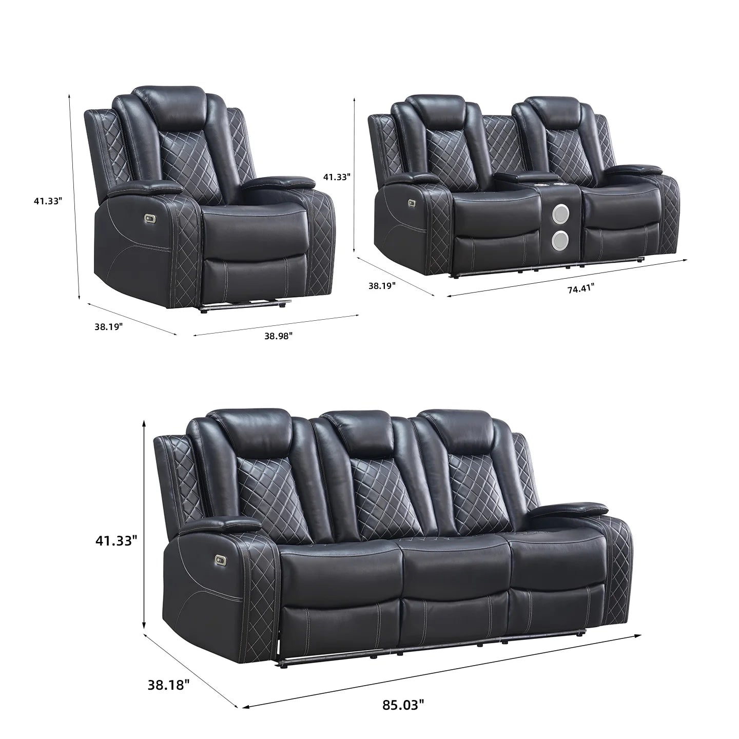 Power Reclining Sofa Couch with Wireless Charger/ 3 Seater Recliner/Reading Light Leather/ Bluetooth Speaker/ Theater Seating LED