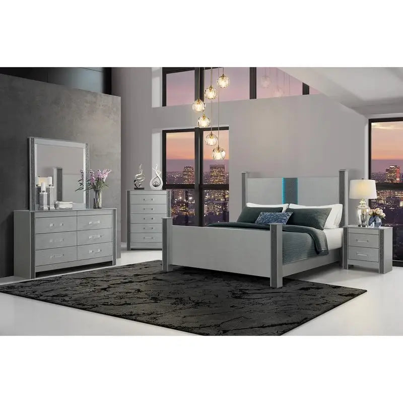 King 5PC Modern Bedroom Set - Silver Finish