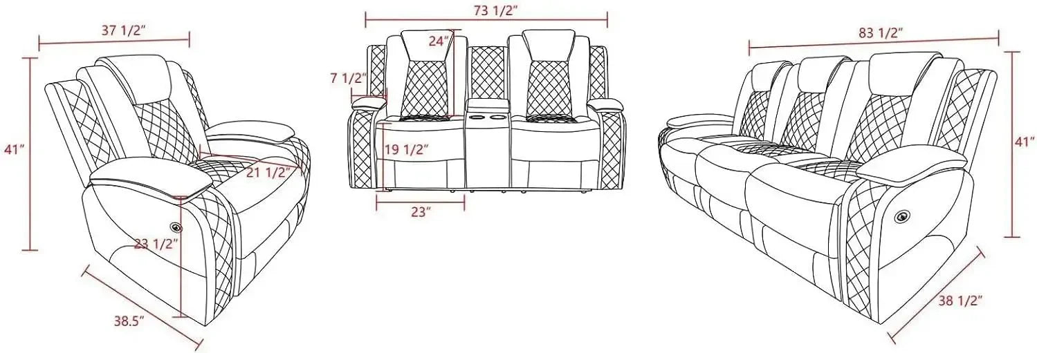Multifunction Power Air Leather Recliner Sofa Set with LED Lights, Living Room Furniture, Reclining Sofa, Loveseat, & Chair