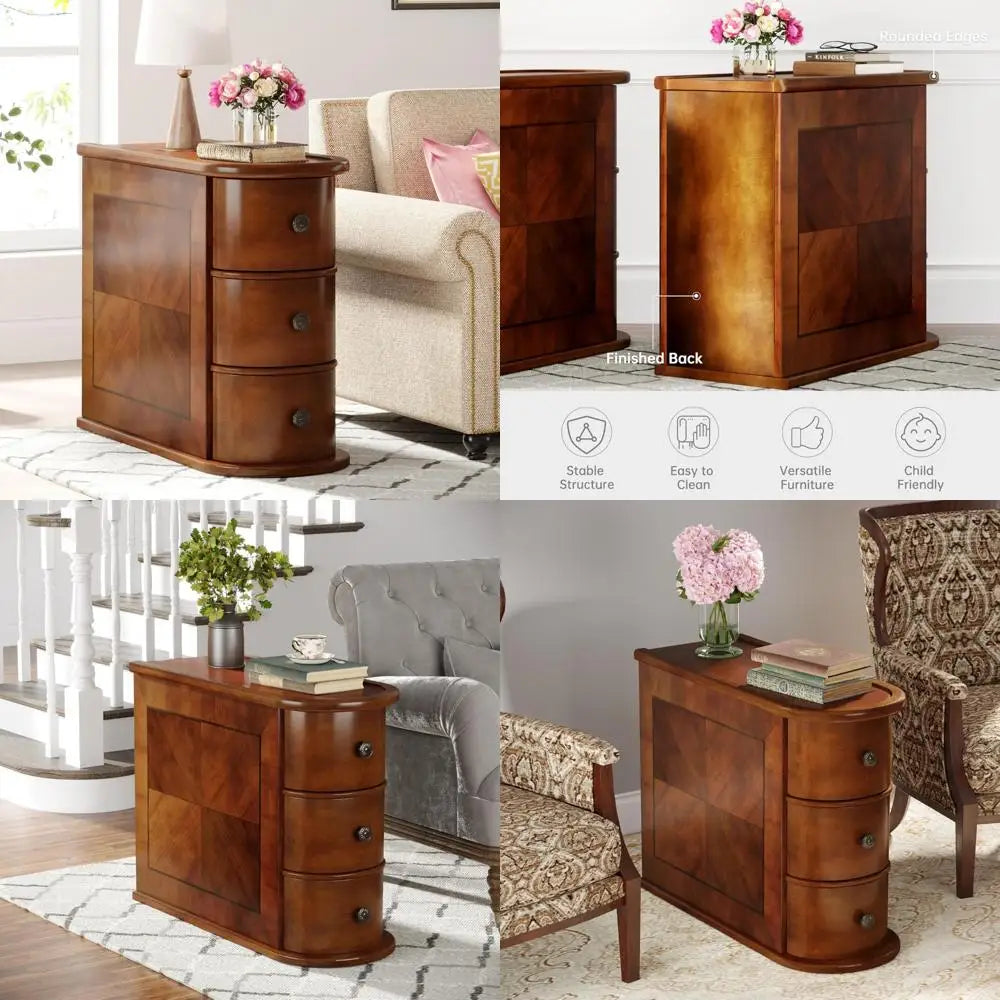 3 Drawers Wood End Table, No Assembly Required, Narrow Sofa Side Table for Living Room, Vintage Slim Nightstand, Bedside Table
