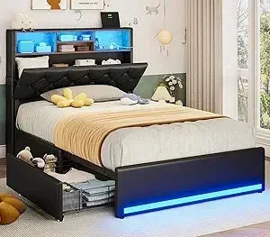 Twin Bed Frames with Headboard & 4 Drawers, LED Bed Frame Twin with Charging Station, Upholstered and Metal Twin Bed with Storage