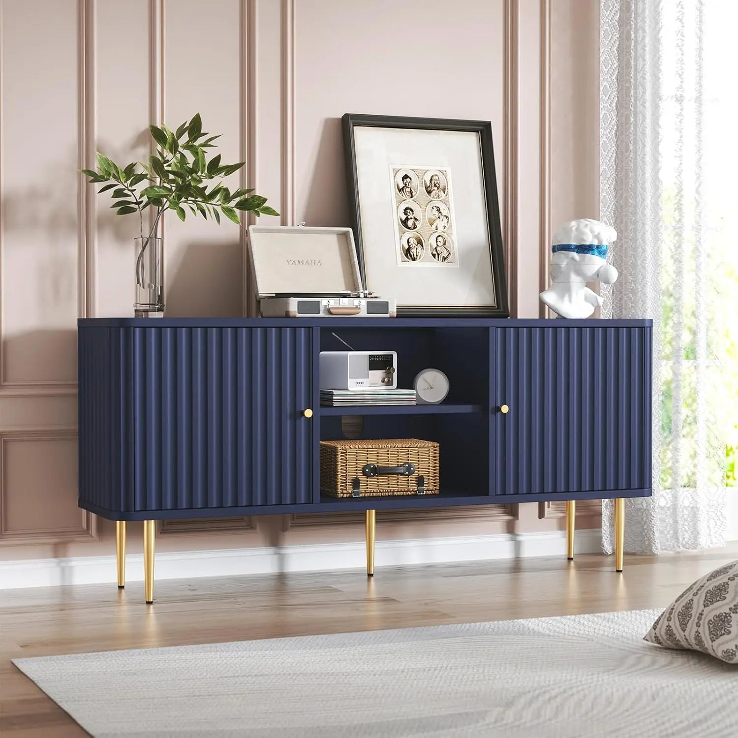 55” Fluted TV Stand, Mid Century Modern Blue TV Stand for 55/60/65 inch TV, Entertainment Center with Storage, Television