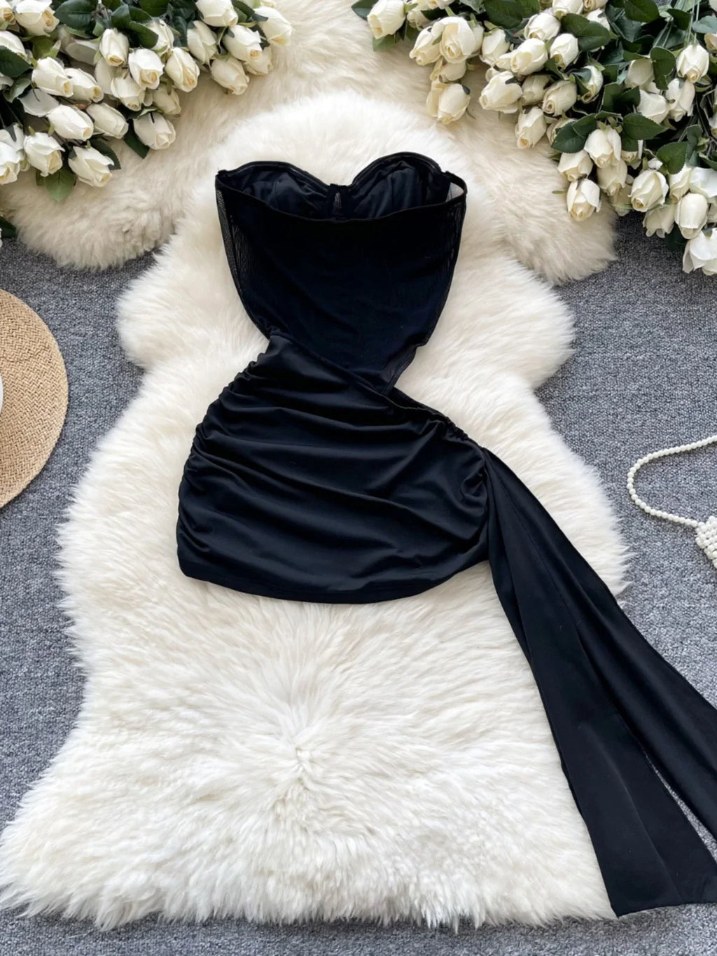 American Sexy Hollowed-out Waist Tube Top Dress for Women/ Pleated Waist Hip-Wrapped Streamer Short Dress