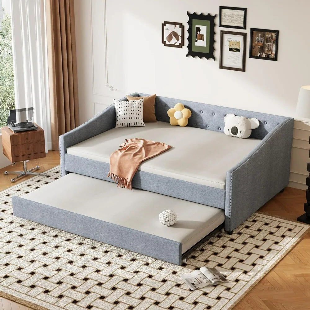 Full Size Tufted Daybed with Trundle and Waved Arm Piping for Guest Bedrooms/Living Rooms