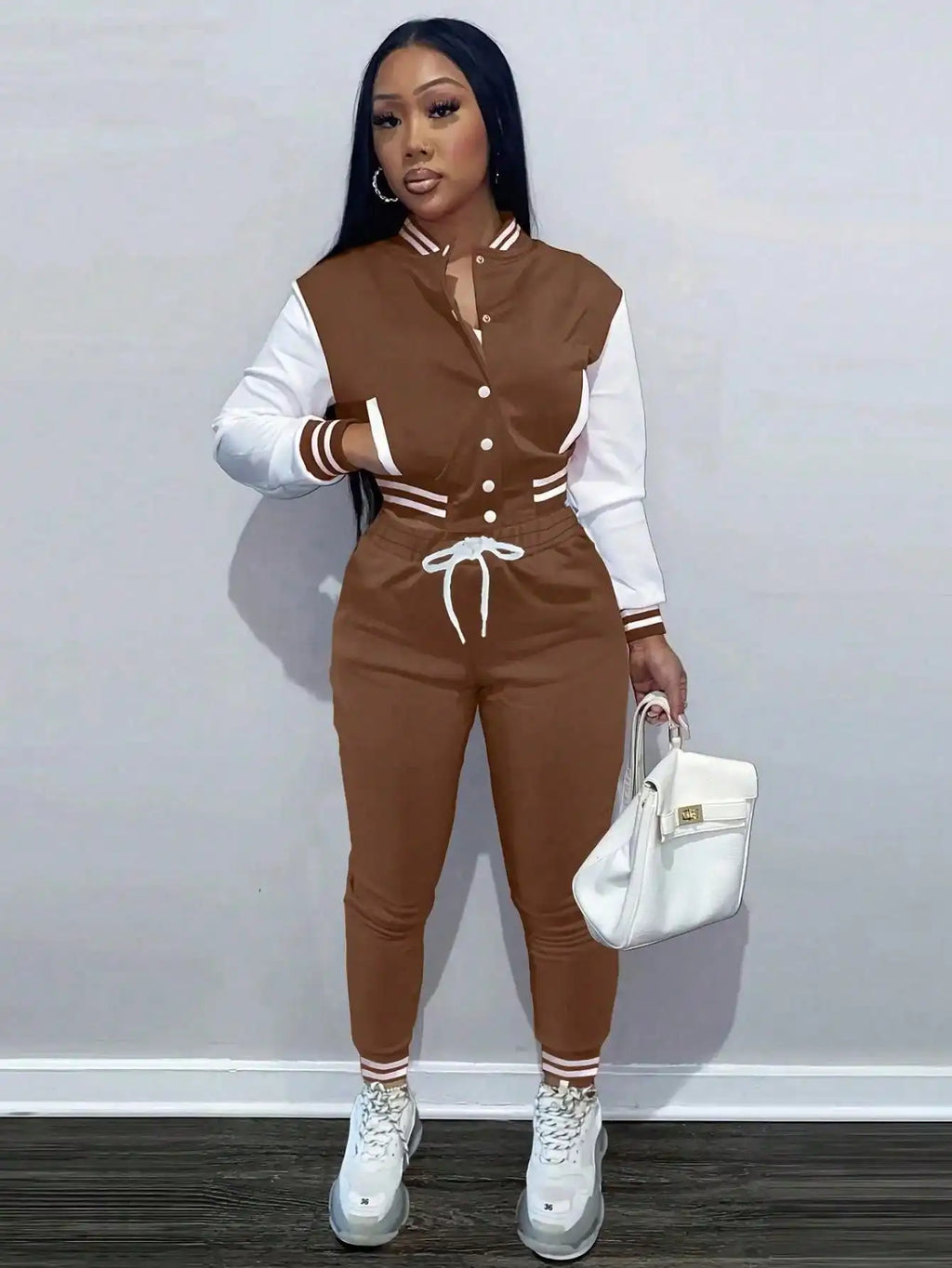 BWQ 2 Pieces Set Women Sports Jacket - Solid Color Single Breasted Baseball Jacket And Top