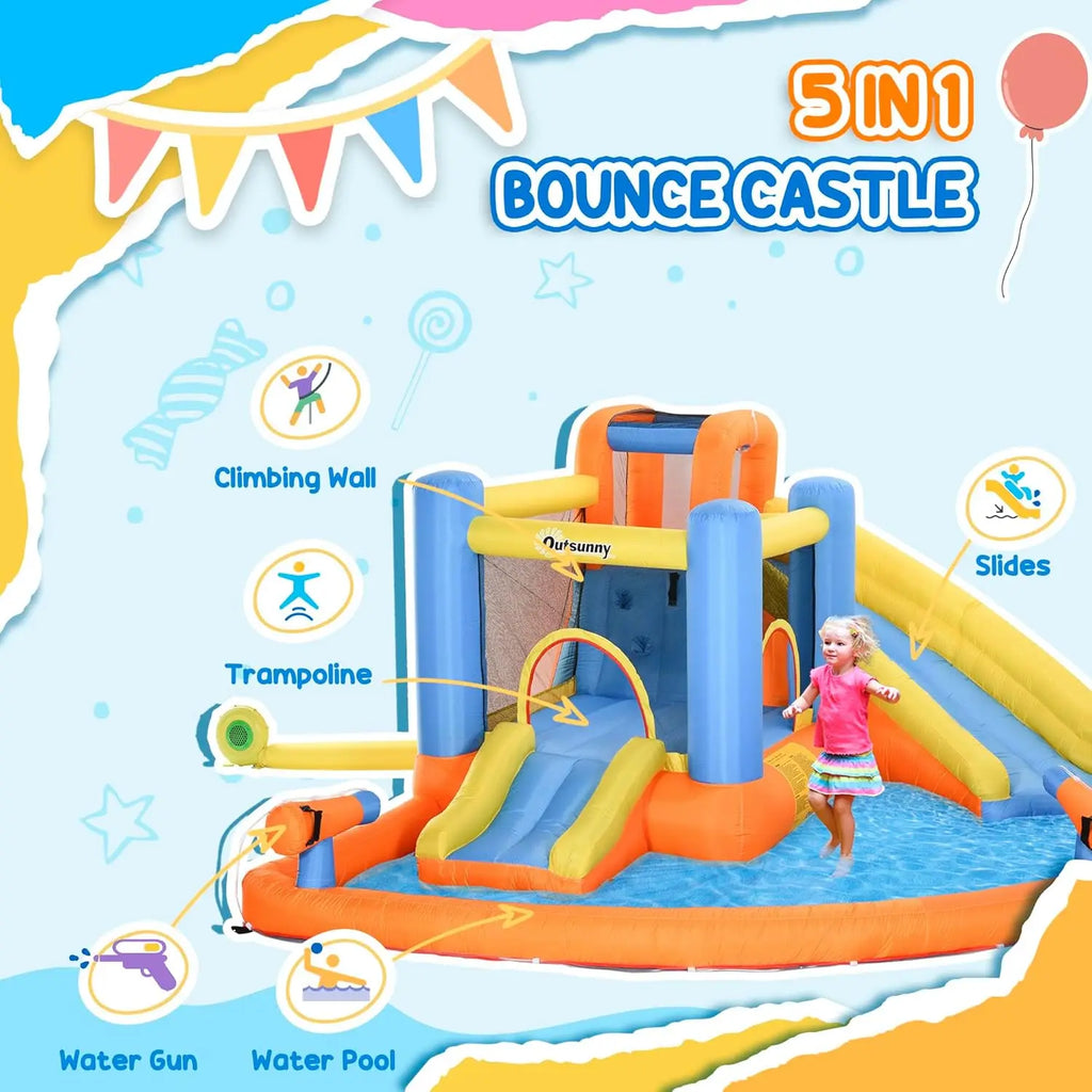 5-in-1 Inflatable Water Park for Kids - Bounce House with Water Slide, Pool, Climbing Wall, Water Cannon, Dual Slides, Trampoline & Air Blower for Indoor/Outdoor Backyard Fun