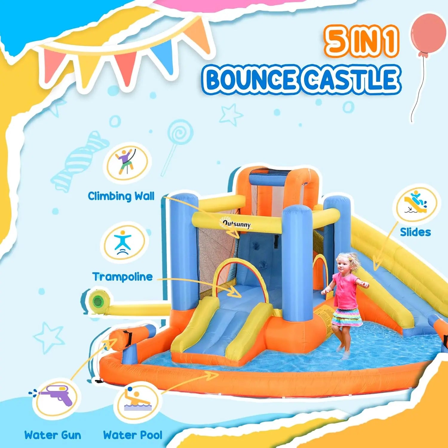 5-in-1 Inflatable Water Park for Kids - Bounce House with Water Slide, Pool, Climbing Wall, Water Cannon, Dual Slides, Trampoline & Air Blower for Indoor/Outdoor Backyard Fun