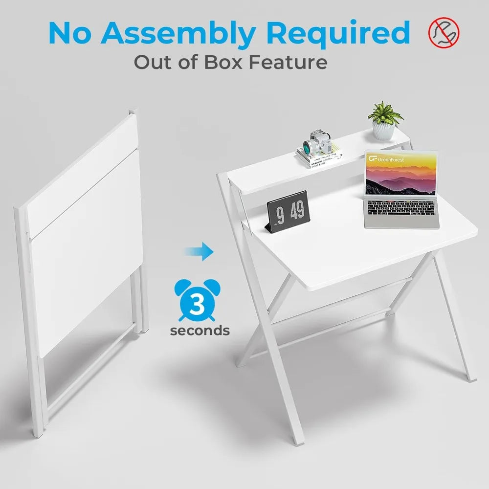 Customizable-Folding Desk/ No Assembly Required/ Large Size 2-Tier Foldable Computer Desk With Shelf For Home Office, Space Saving