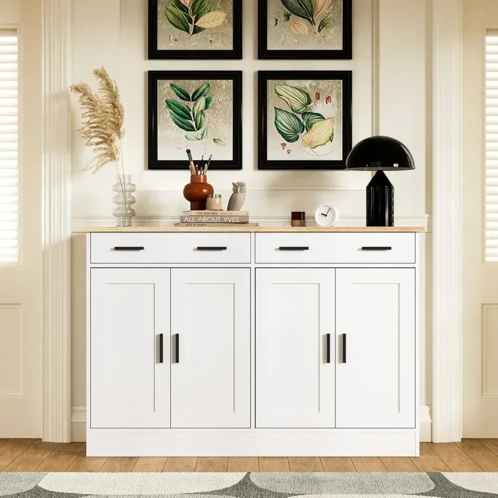 White Buffet Cabinet, Coffee Bar Cabinet with 2 Drawers & 4 Doors, Kitchen/ Buffet Sideboard for Living Room, Kitchen