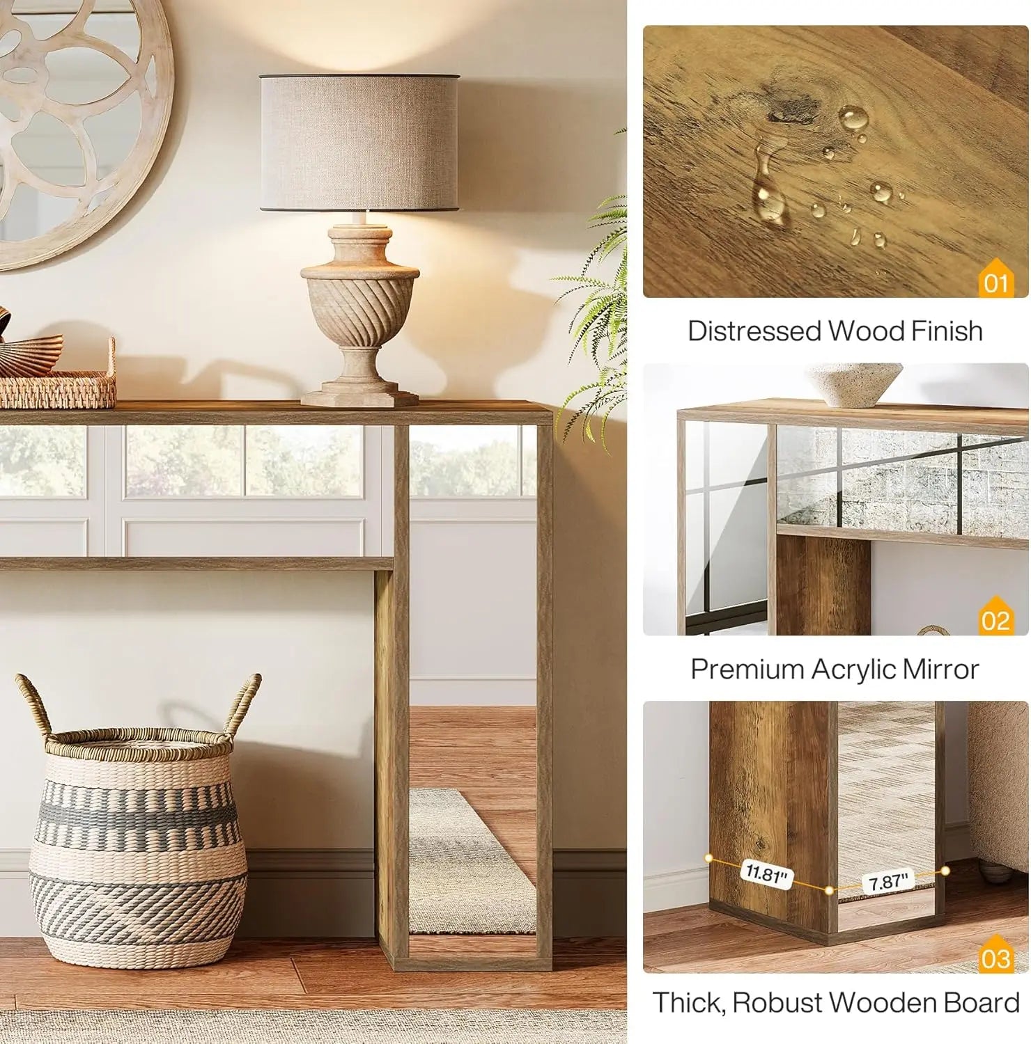 63" Mirrored Console Table for Entryway, Farmhouse Wood Sofa Table Behind Couch In Living Room
