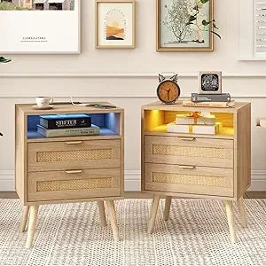 Rattan Nightstands/ Set of 2 with Charging Station and LED Lights, End Tables with 2 Drawers and Wood Legs