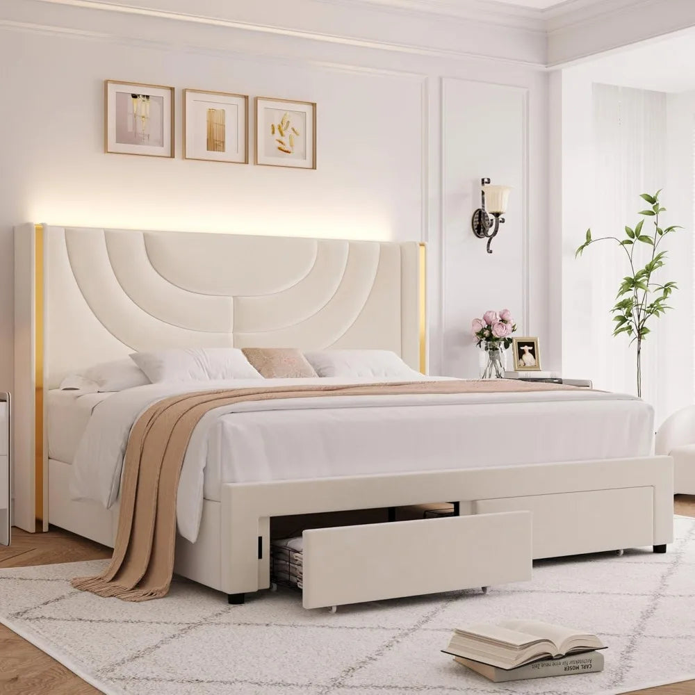 Full Upholstered LED Bed Frame with 2 Storage Drawers, Velvet Platform Bed with Wingback Headboard