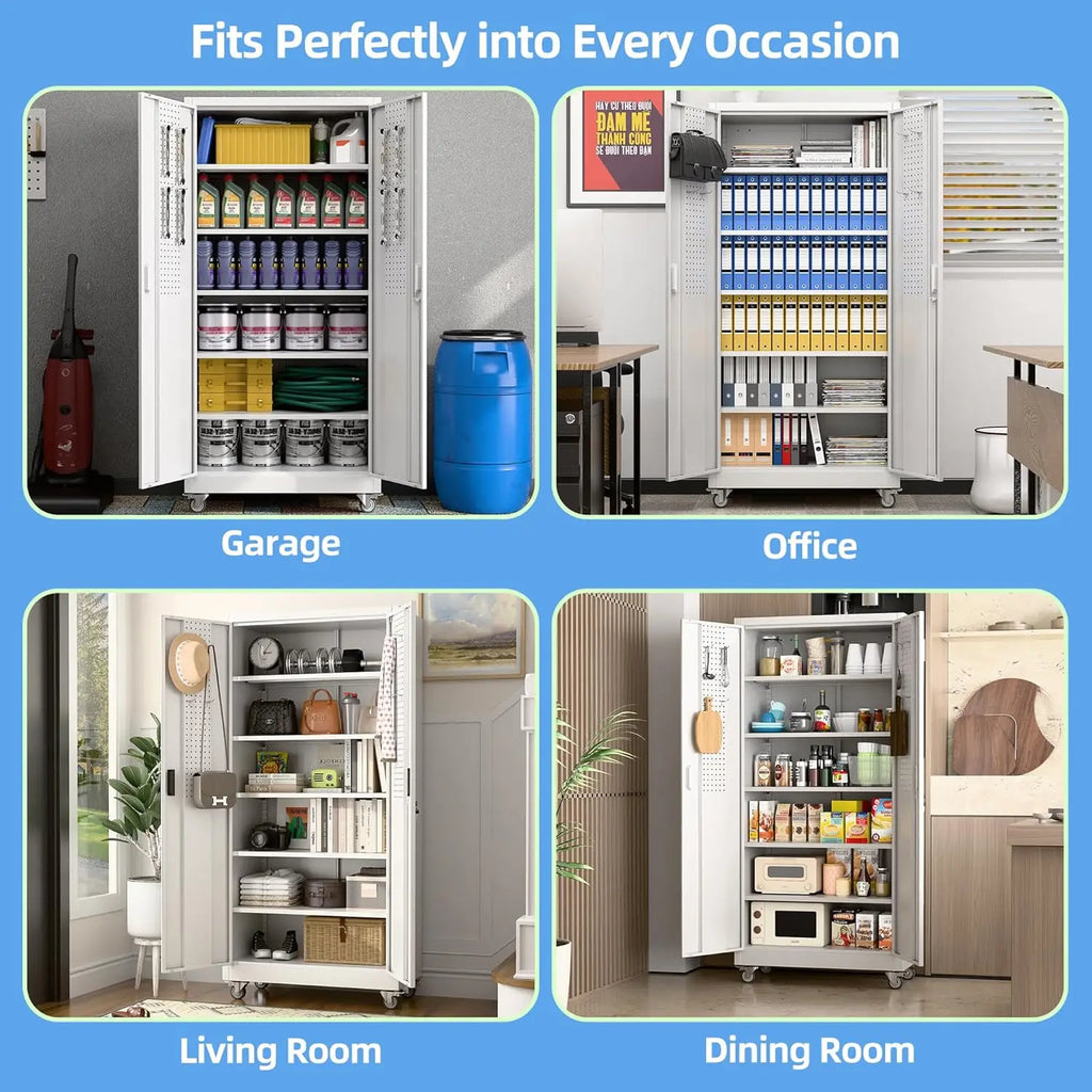 Upgrade 71"H'', 32''W,16''D Metal Garage Storage Cabinet with Wheels and Pegboards, 5 Adjustable Shelves Steel Storage Cabinets