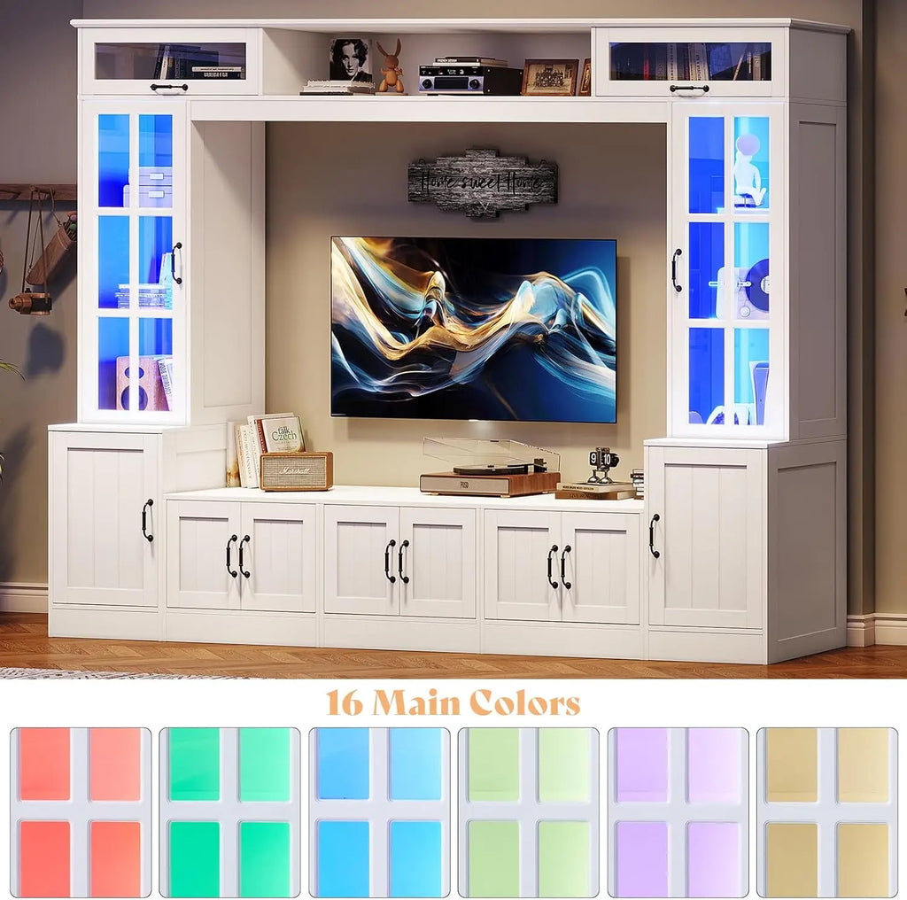 98" W Wall Unit TV Stand with Storage for TVs up to 80",Modern TV Console with LED Lights, Entertainment Center with Bookshelves