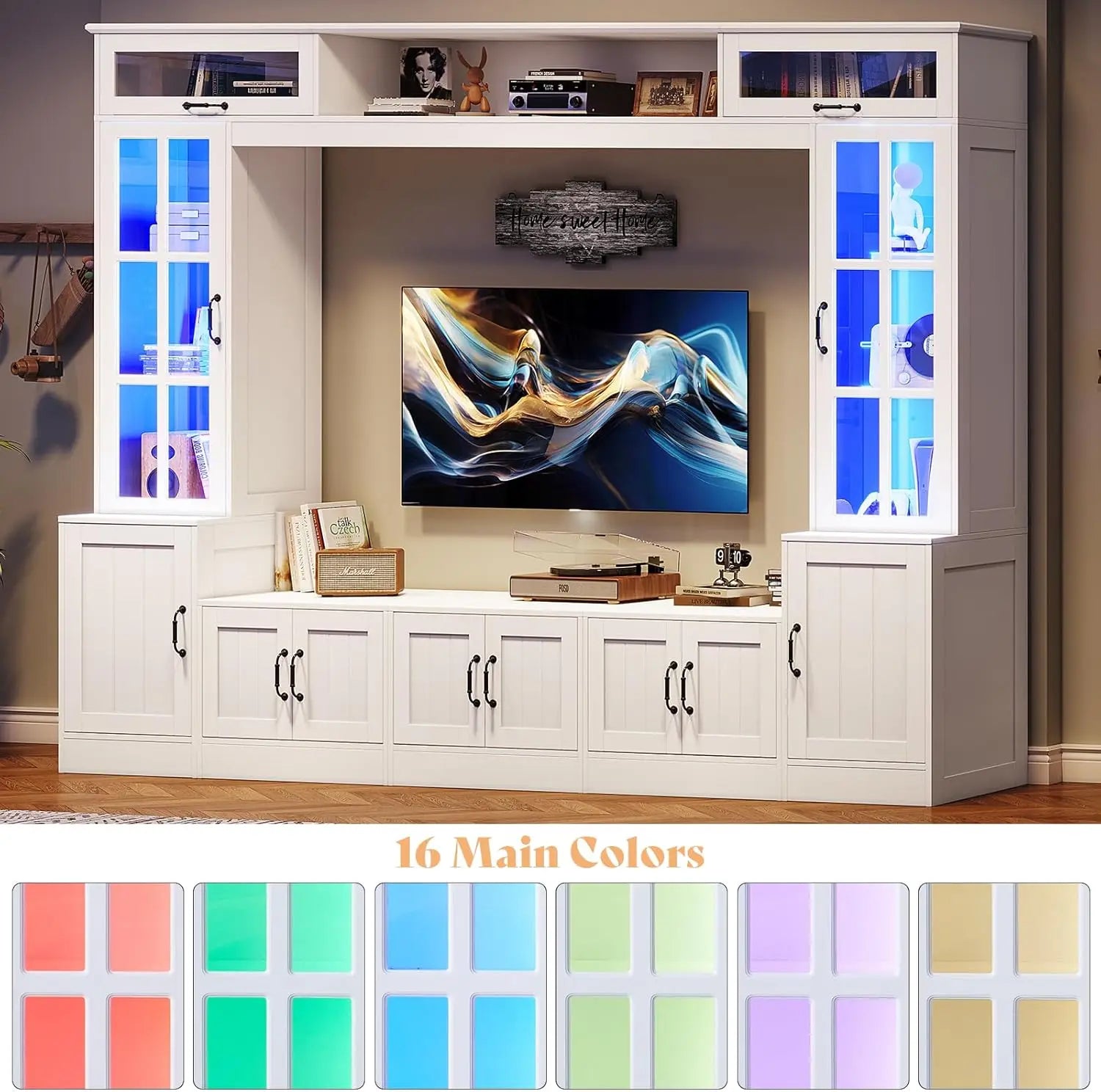 98" W Wall Unit TV Stand with Storage for TVs up to 80",Modern TV Console with LED Lights, Entertainment Center with Bookshelves