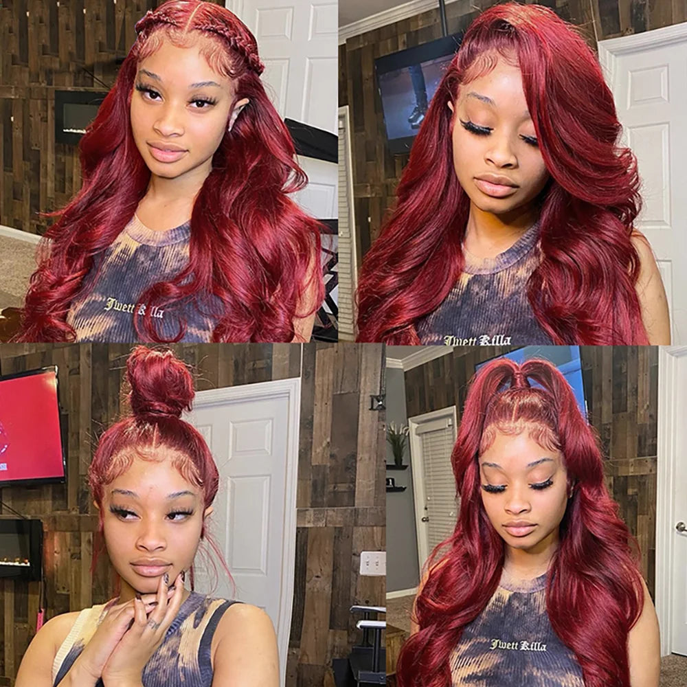 30 inch 99J Burgundy Lace Front Wigs Human Hair 13x6 Body Wave/ Lace Front Wigs/ Wine Red Lace Front Wig /180% Density