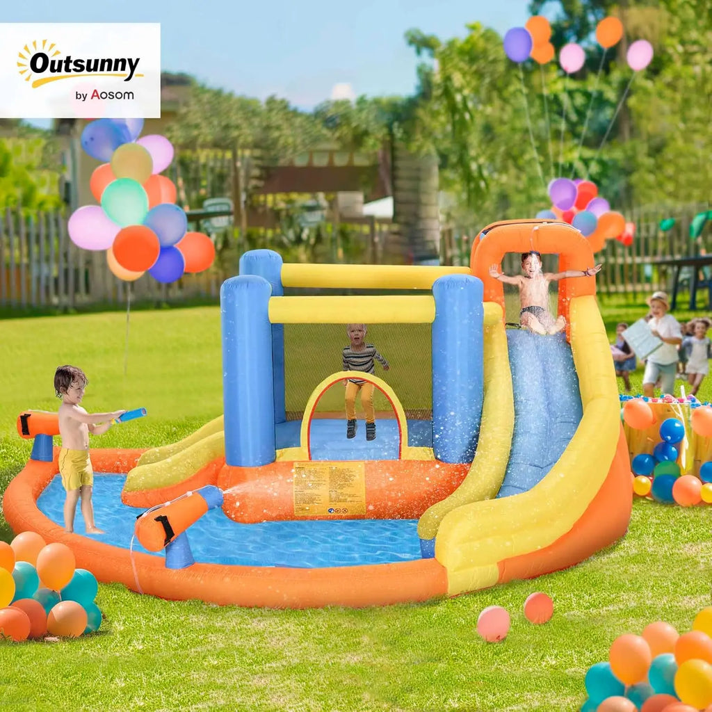 5-in-1 Inflatable Water Park for Kids - Bounce House with Water Slide, Pool, Climbing Wall, Water Cannon, Dual Slides, Trampoline & Air Blower for Indoor/Outdoor Backyard Fun