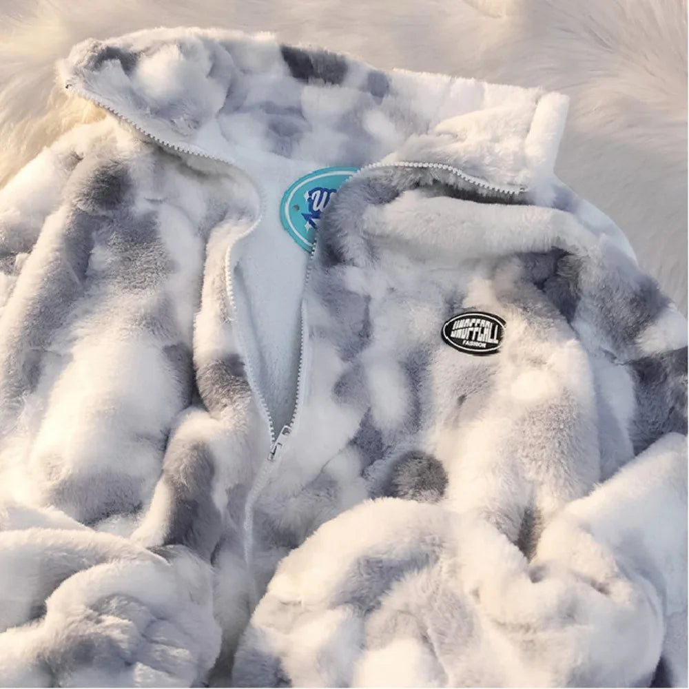 Women's Tie Dye Lamb Fleece Jacket/ Autumn Winter Zipper Outerwear/ Warm Plush Jackets /Harajuku Casual Loose Female Thick Coat