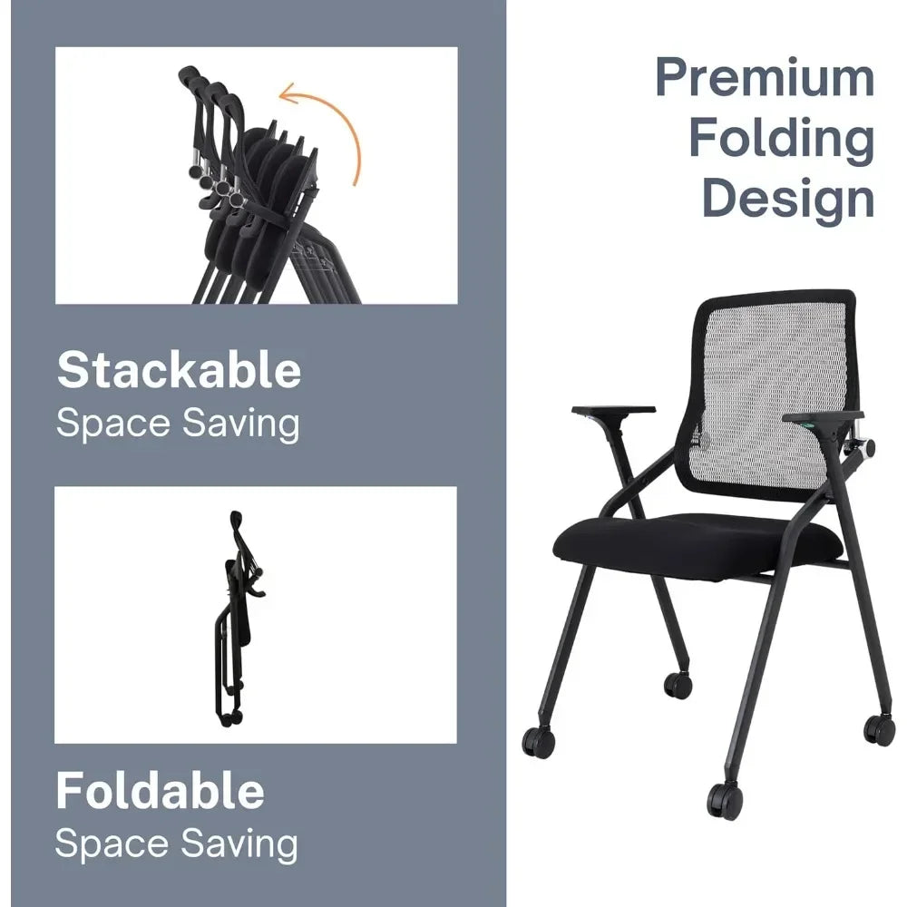 Updated Conference Room Chairs, Folding Office Desk Chair with Lumbar Support and Sliding Armrest with Casters, Stackable Office
