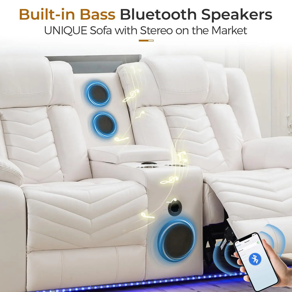Manual Recliner Loveseat with Bass Speaker, Faux Leather Reclining Love Seat with LED Lights, USB Charger, Cup Holder