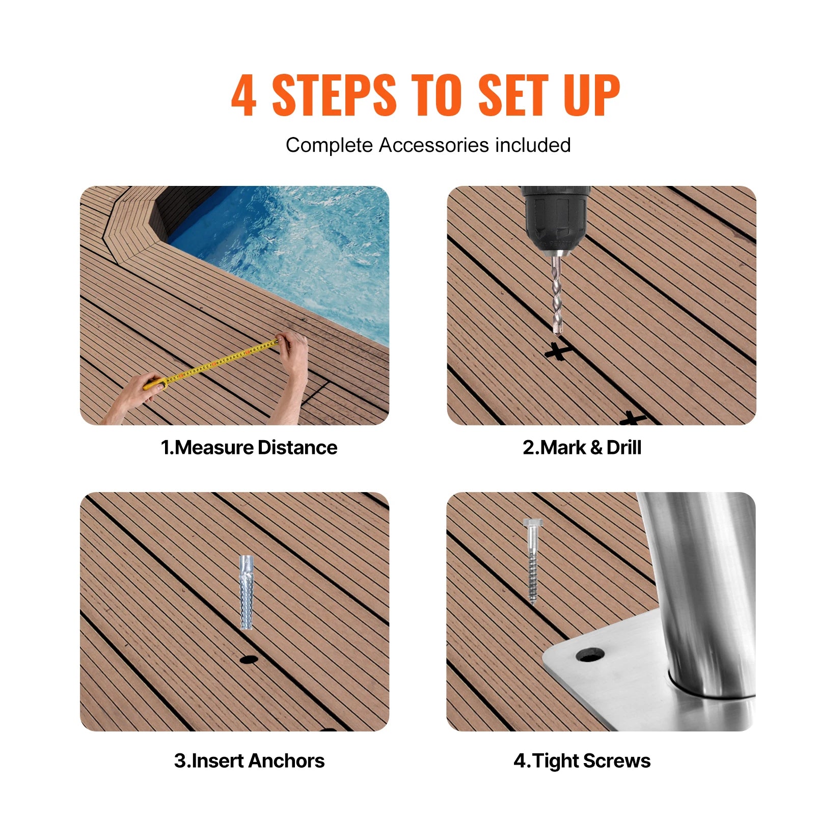 Pool Handrail Stainless Steel with Base Plate for Indoor/Outdoor Swimming Pool Safety Railing w/ Grip Cover for Decks