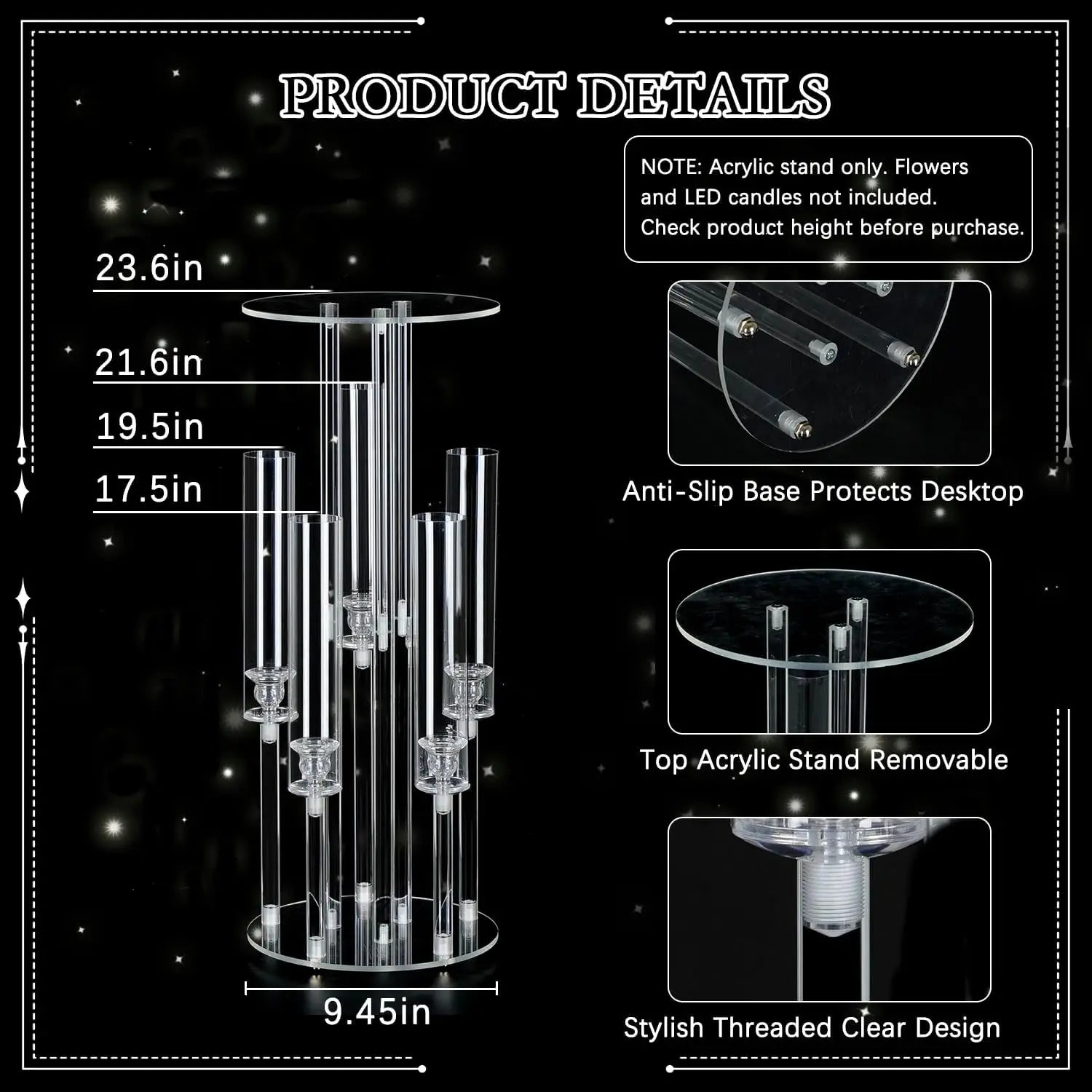 Clear 5-Arm Acrylic Candelabra with Flower Stand & Lampshade, 23.6" Tall Candle Holder for Wedding Table Centerpieces, Fits LED Candles for Party, Banquet, Birthday, Home Event Christmas Decor