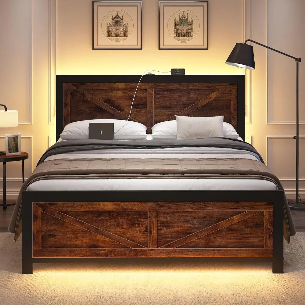 Led Bed Frame Queen Size with Charging Station, with Rustic Barn Door Wood Headboard