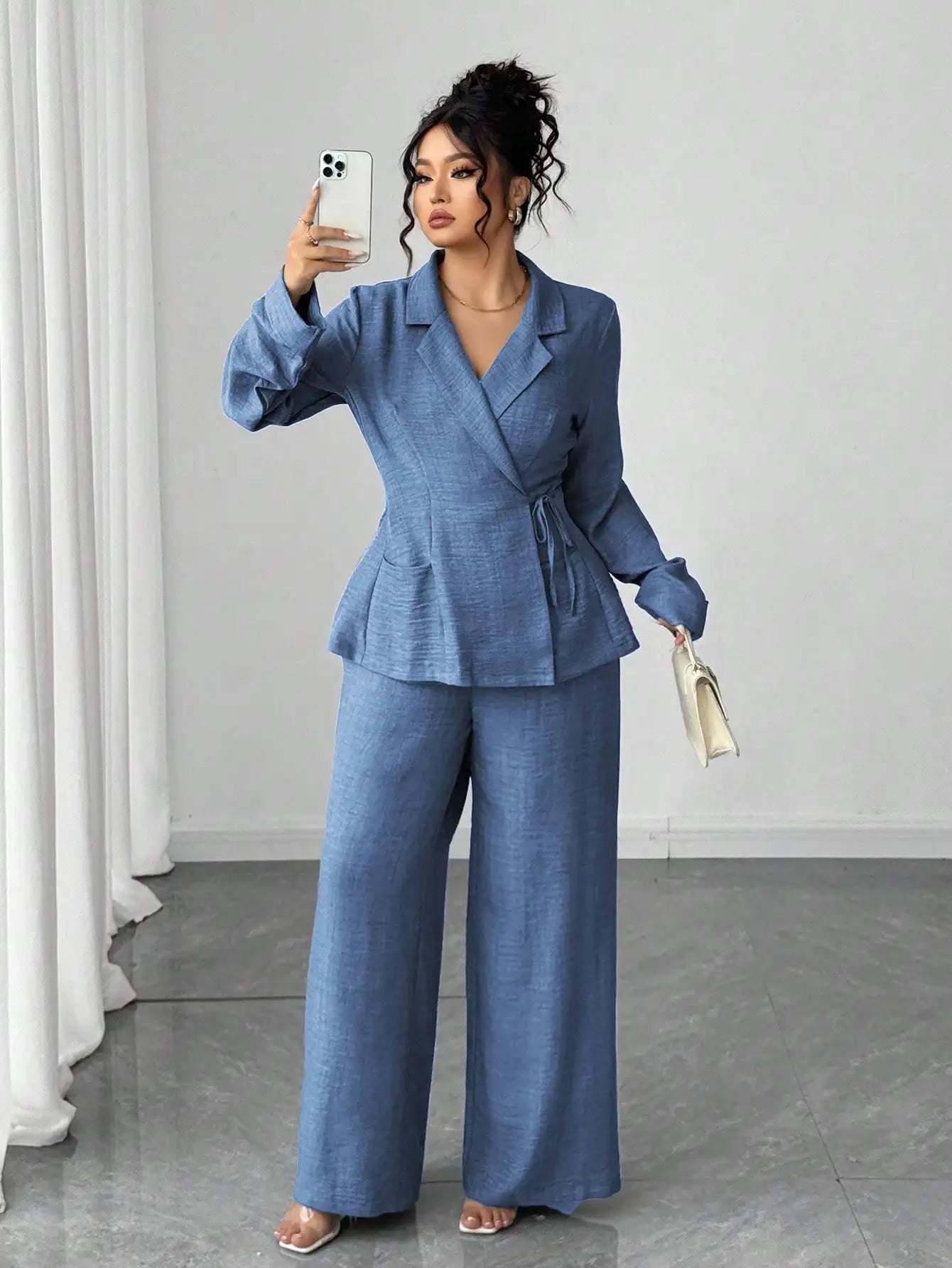 Olive Green Linen Two-Piece Suit for Women - Wrap Blazer with Tie Waist & Wide Leg Pants, Plus Size Office/ Casual Set