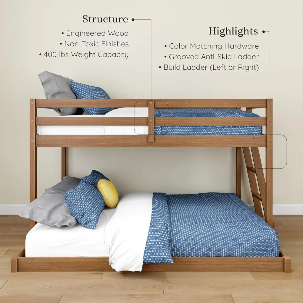 Grain & Grove Twin-Over-Full Bunk Bed for Kids with Ladder, Guardrail, and Slats, No Box Spring Needed