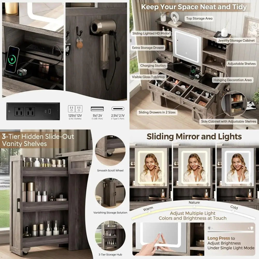 Makeup Vanity Desk With Sliding Mirror, Luminated Glass Top And 3-Tier Hidden Storage