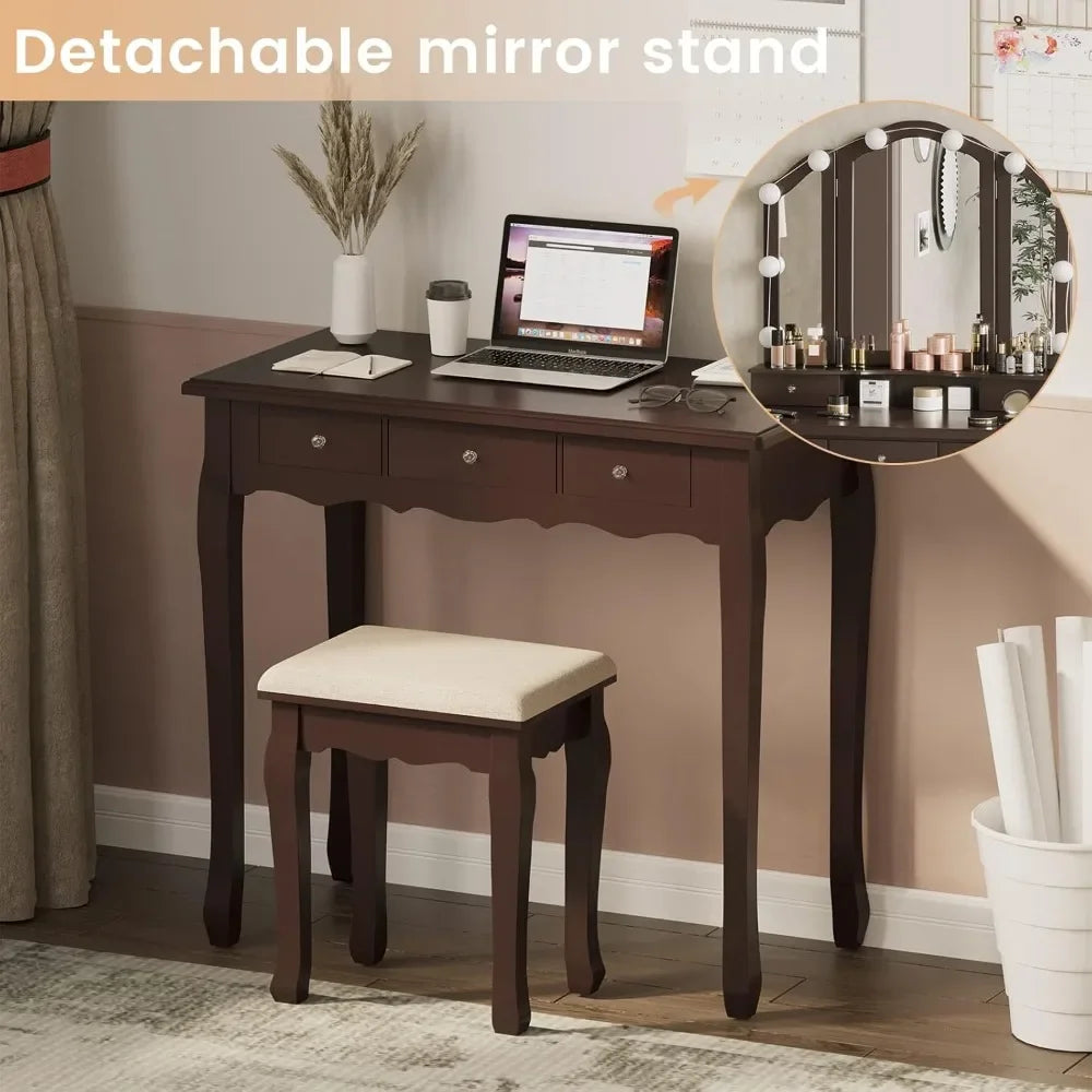 Makeup Vanity Set with Lighted Mirror and Stool, Dressing Table with 5 Drawers, and 3 Light Settings