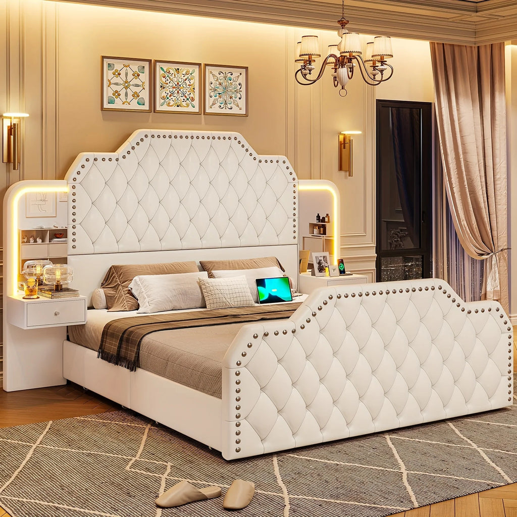 Queen Size Bed Frame/2 Nightstands with Mirror, Platform Bed Frame with 53" Tall Headboard and 4 Storage Drawers