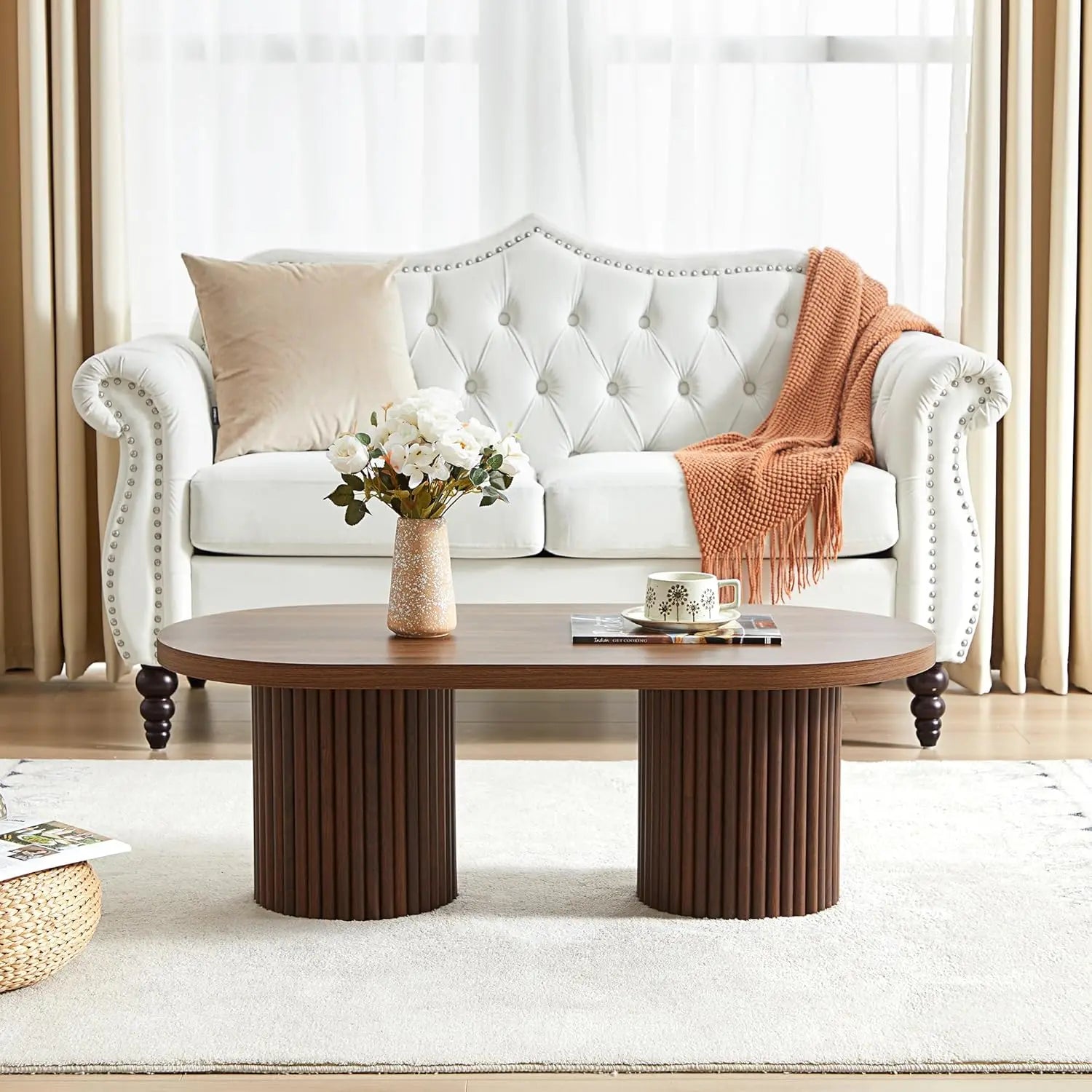 AVZEAR Oval Fluted Coffee Table for Living Room, Mid Century Modern Coffee Table with Storage, Curved Round Wooden Center Table