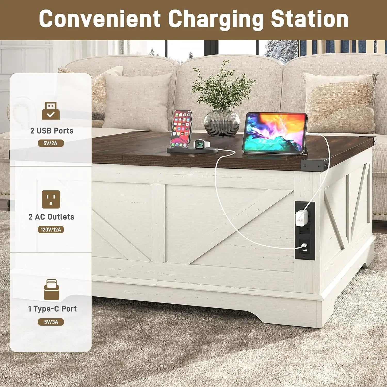 40” Large Farmhouse Lift Top Coffee Table with Power Outlets and Large Hidden Storage, Square Wood Living/Room Tables