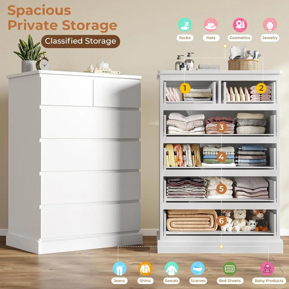 White Tall Dresser with 6 Drawers, 43.9" Tall Dressers & Chests of Drawers, Modern Wood Closet Organizer and Storage