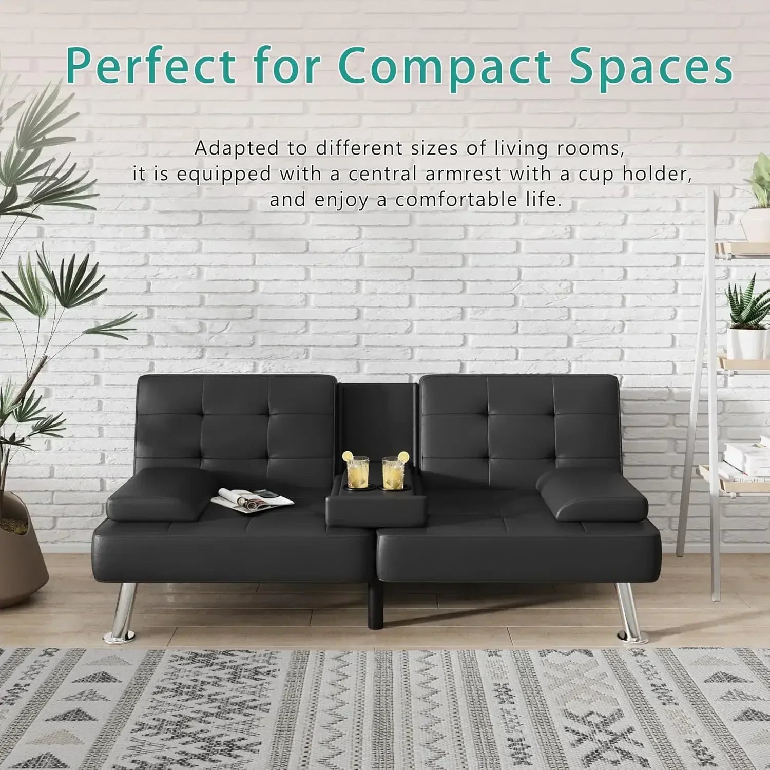 Futon Sofa Bed Modern Folding Futon Set Convertible Recliner Lounge for Living Room with 2 Cup Holders