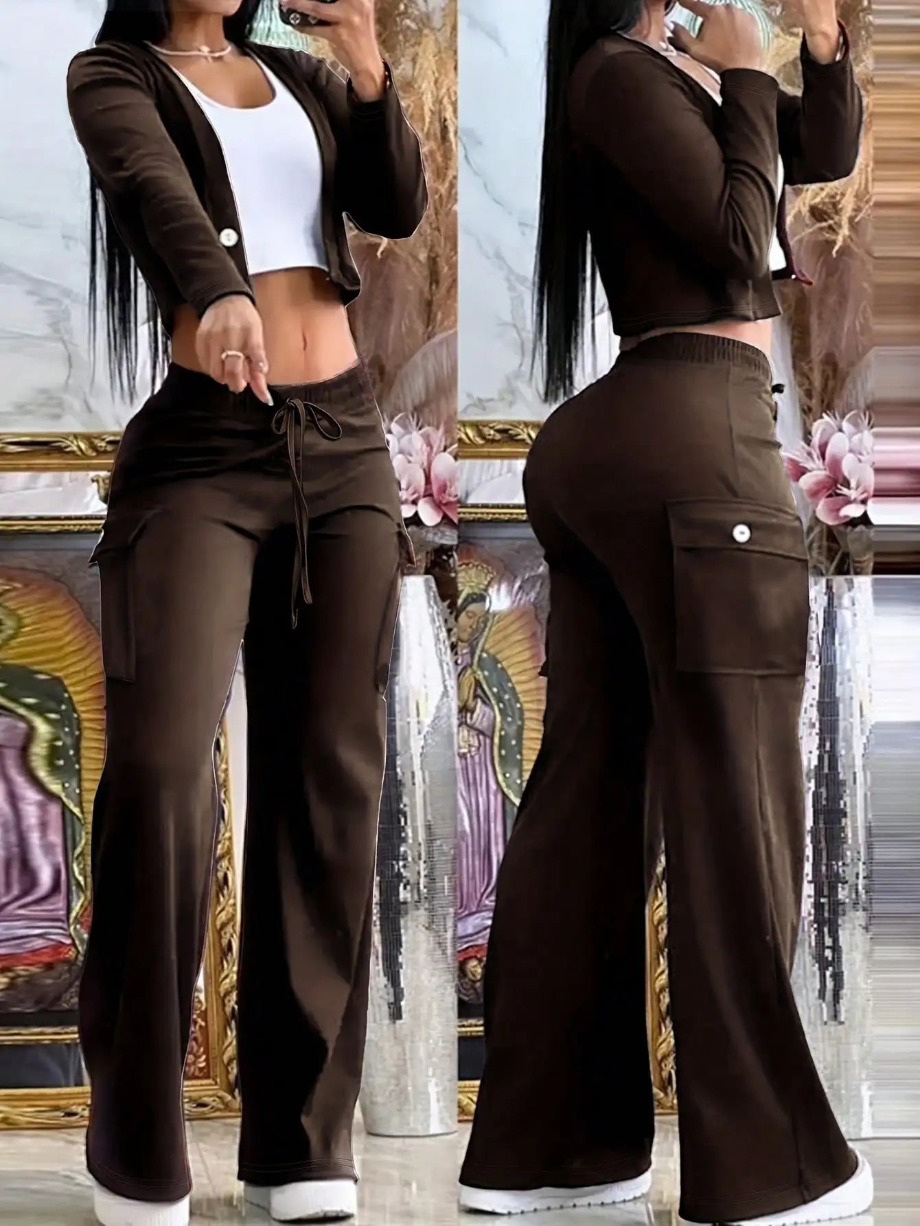 BWQ 2pcs/Set Women Popular Orange Knit Cardigan & Cargo Pant | V-Neck Button-Up Top Pants With Drawstring Waist | Elegant Casual