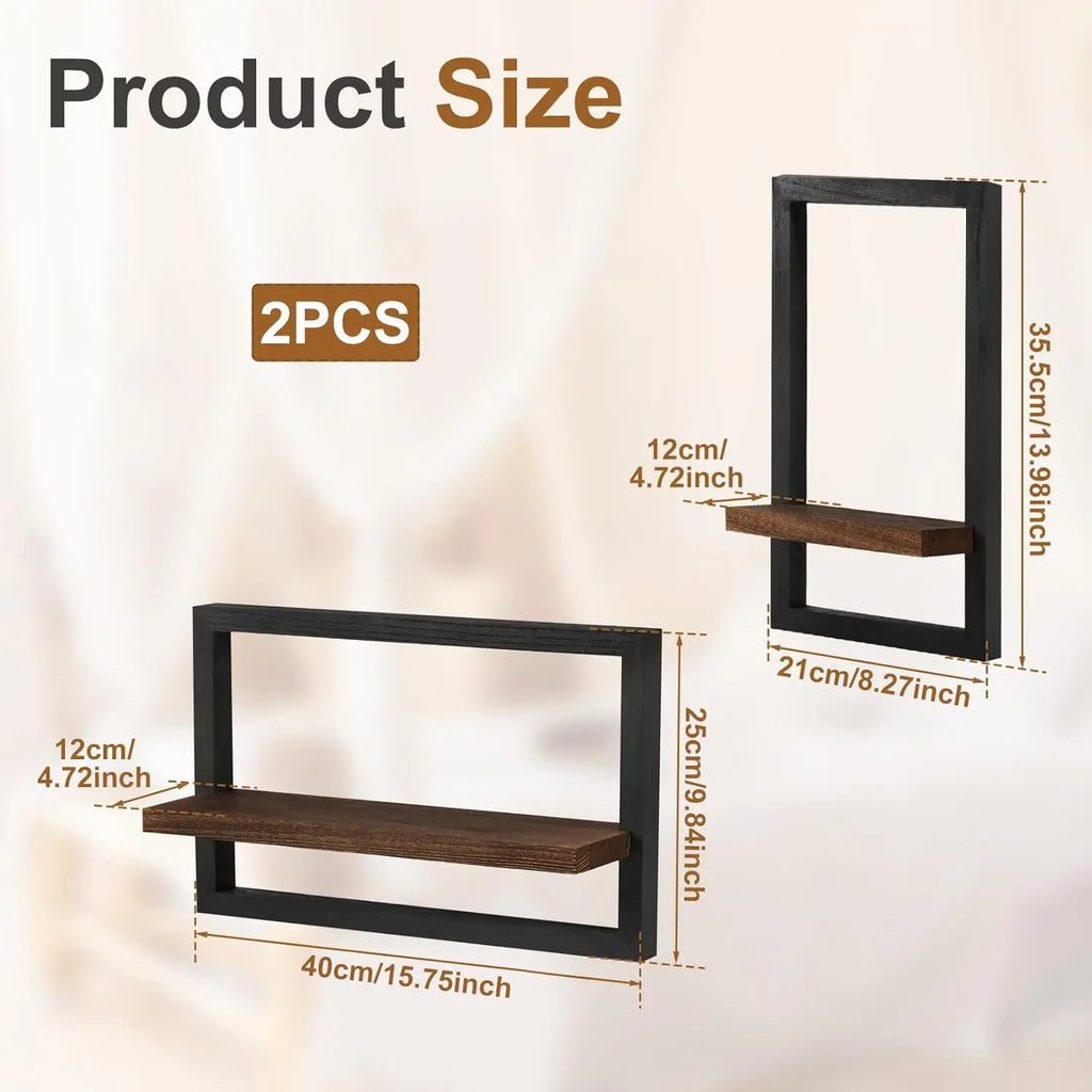 2Pcs Solid Wood Floating Shelves Set/ Wall Mounted Square Frame/ Hanging Shelf/ Modern Home Decor/ Organizer Rack for Living Room/ Bedroom Bathroom Plant Display /Aesthetic Room Accessories Wall Art Storage