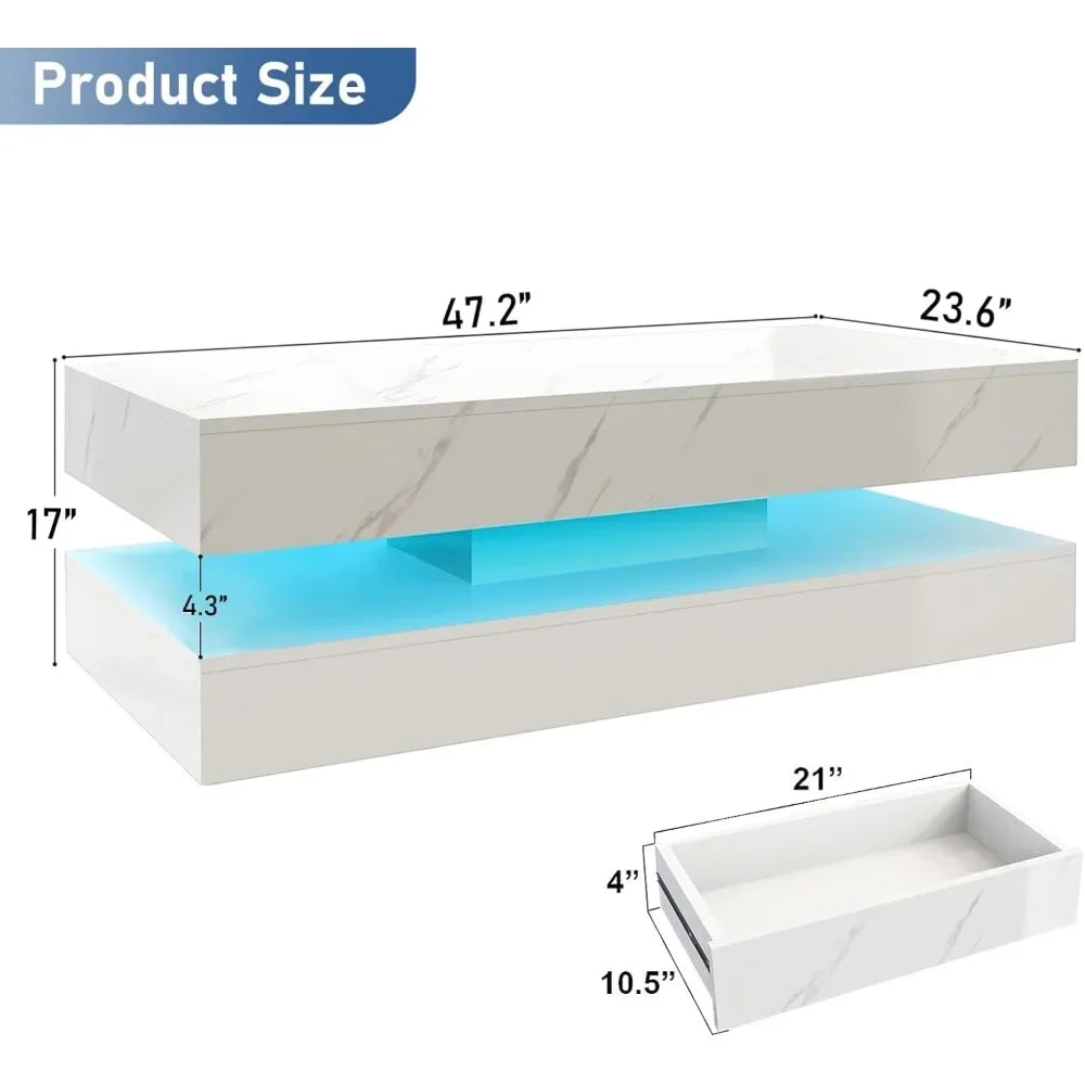 LED Coffee Table with Storage Drawers, Modern High Gloss Coffee Table  LED Lights,  Rectangle Center Table