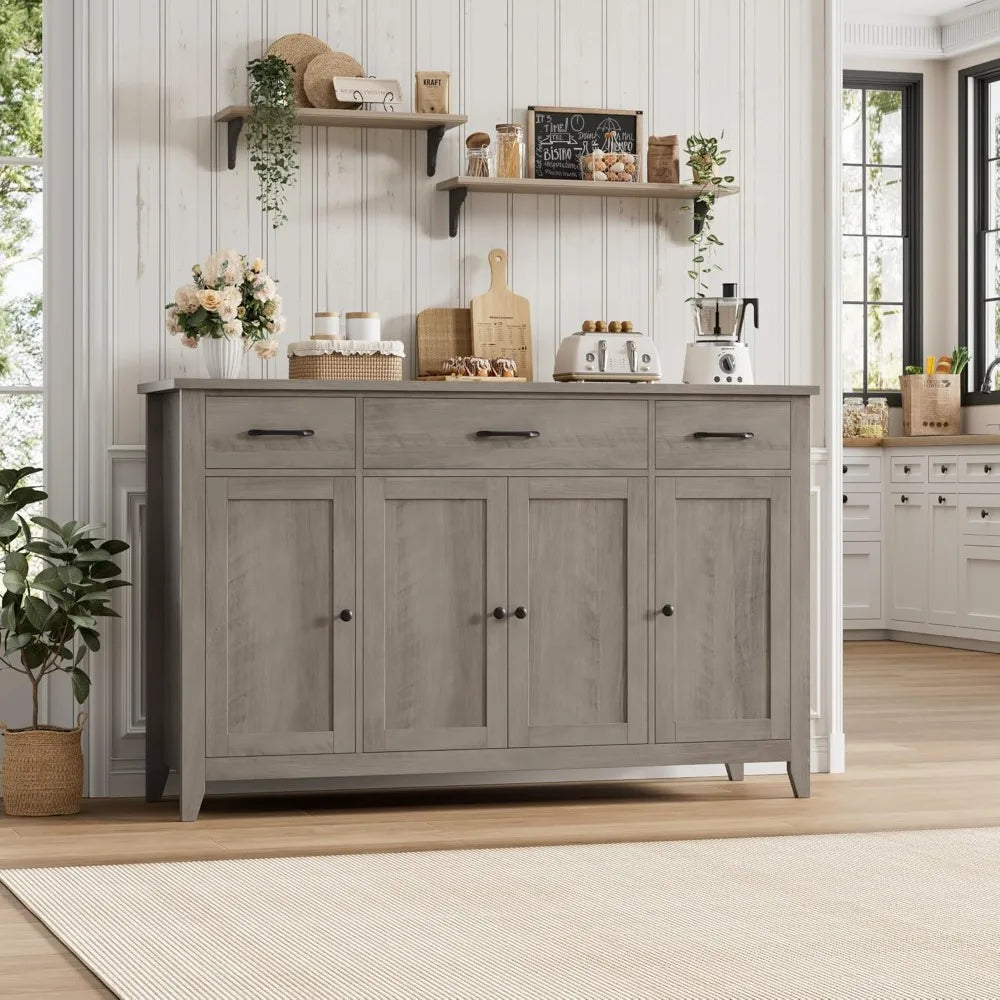 55" Modern Farmhouse Sideboard Buffet with Drawers, Large Kitchen Storage Cabinet, Adjustable Shelves, Grey