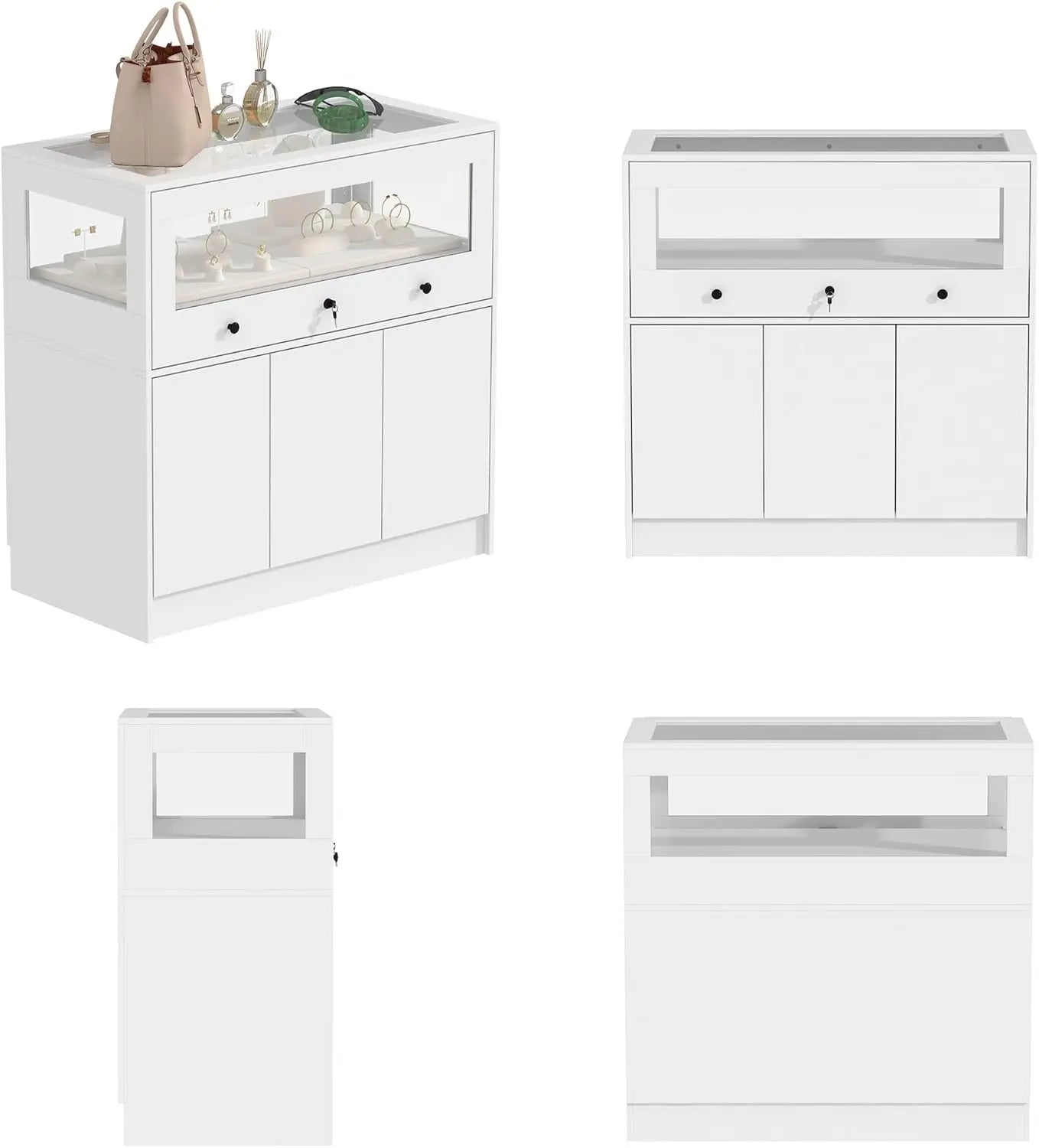 Lockable Glass Display Cabinet Closet Island ,Collectibles Showcase with 3 Doors, Walk in Display Island , Cloakroom, White