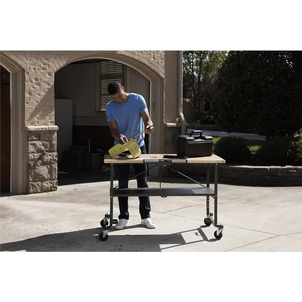 Smart-Fold Butcher Block Portable Workbench / Folding Utility Table Hardwood Top, 700LB Total Weight Capacity, Locking