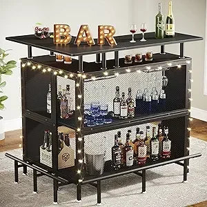 Home Bar Unit, L-Shaped Bar Table with Stemware Racks and 2-Tier Shelves, Corner Mini Coffee Liquor Cabinet with Footrest