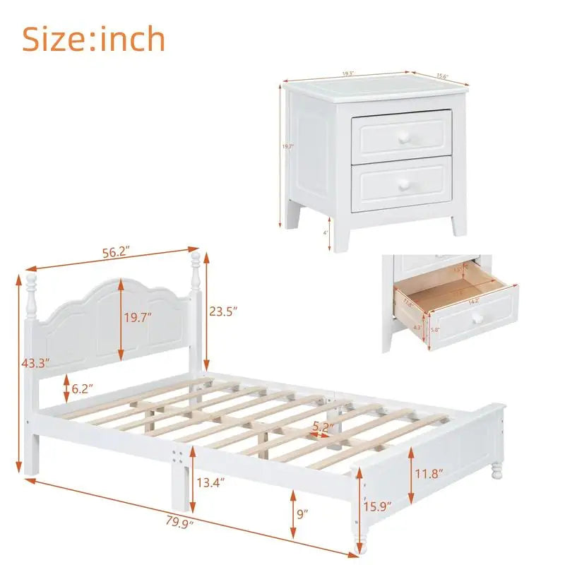 Full Size Wooden Platform Bed , White 3-Piece Bedroom Set