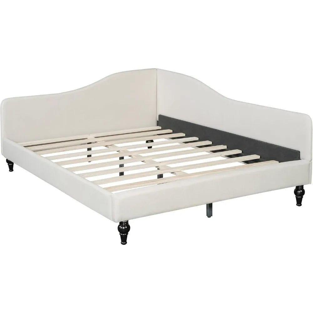 Full-Size Daybed Bed Frame with L-Shaped Linen Sofa Corner for Living and Guest Rooms, Solid Wood Legs, No Box Spring Need